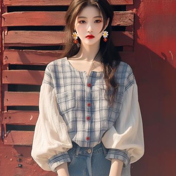 【LANNI 藍尼】★藍色格子燈籠袖上衣襯衫(上衣/女裝/襯衫/休閒/百搭/通勤)