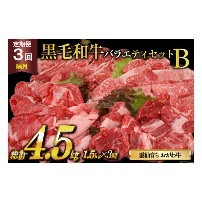 ふるさと納税 長崎県 雲仙市 定期便 3回 牛肉 雲仙育ち おがわ牛 バラエティーセットB 総計4.5kg(1.5kg×3回) 黒毛和牛 冷凍   焼肉おがわ   長崎県 雲仙市