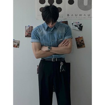 (免運)MRCYC復古水洗牛仔短袖襯衫男士夏季寬松休閑襯衣韓系通勤穿搭潮
