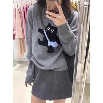 高級感學院貓咪毛衣女秋冬季2024新款寬松韓系慵懶風穿搭灰色上衣
