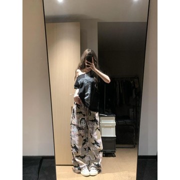 現款免運 休閒長褲 闊腿褲 美式復古街頭字母印花迷彩休閒長褲女多巴胺寬鬆直筒闊腿百搭衛褲U1