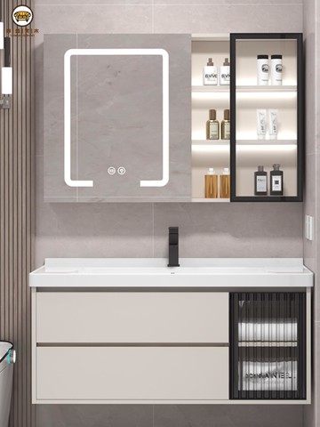 洗臉盆 小戶型洗手盆 浴室櫃 實木免漆板奶油風浴室柜陶瓷一體盆衛生間洗漱臺智能洗手盆柜組合免運/可開發票 工廠現貨 售後保障 特價出j5419