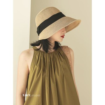 印計谷羽草帽女夏天可折疊出游防曬百搭遮陽帽旅游太陽帽大檐帽子