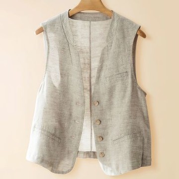初色 純色棉麻風輕薄透氣寬鬆薄款V領排扣無袖馬甲背心女背心-共3色-12542(M-3XL可選)