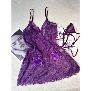 迷人的危險 紫色純欲性感睡衣女鏤空蕾絲網紗綁帶美背吊帶睡裙女