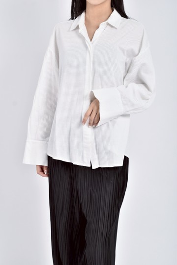 (L) massimo dutti質感棉質純棉長袖格紋白色襯衫上衣