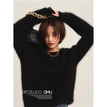 黑色水貂絨毛衣女冬季加厚慵懶高級感羊絨衫馬海毛打底上衣羊毛衫