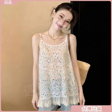 限時特價💕胖MM甜美波點印花吊帶背心夏季300斤大碼蕾絲拼接顯瘦無袖上衣女