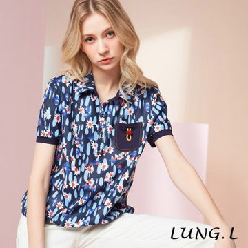 LUNG.L林佳樺 藍色小花印花搭口袋半開襟短袖女裝上衣 LU86A