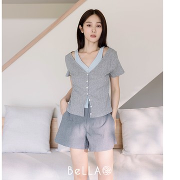 【夏季新品】BeLLA 撞色排釦假兩件上衣 灰色