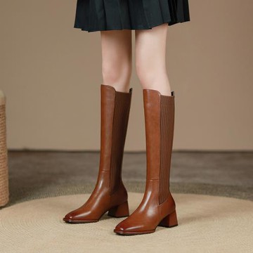 法式復古擦色毛線彈力顯瘦高筒靴女秋冬方頭粗跟小個子不過膝長靴