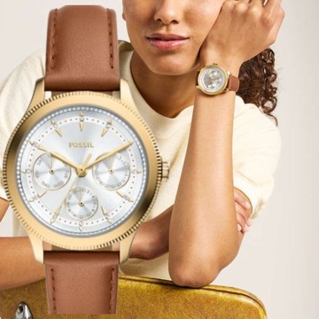 FOSSIL Brynn 棕色皮革三眼手表 BQW8022 附提袋