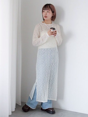 微辣透膚蕾絲長袖雙側開岔連身洋裝(0F001169410) - ehka sopo