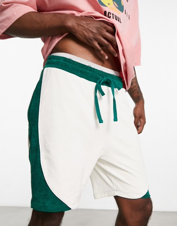 ASOS DESIGN oversized shorts in off white towelling with contrast panel-Multi