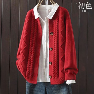 初色 文藝復古精緻麻花純色休閒寬鬆百搭圓領長袖針織毛衣外套女外套-共5色-38942(F可選)