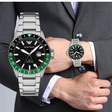 EMPORIO ARMANI 機密特務GMT時尚腕錶-銀X黑綠-AR11589-42mm