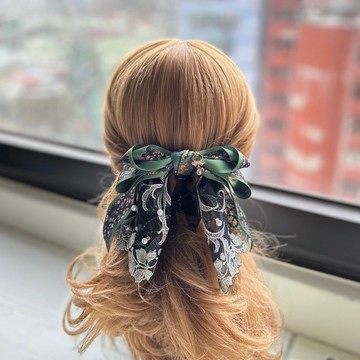 抓夾-獨家蕾絲蝴蝶結鯊魚夾髮夾髮飾-綠黑色