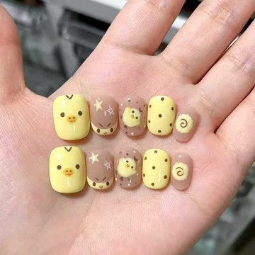 🎀台灣出貨🎀 【奶黃小雞】奶黃裸粉撞色底色小雞星星與波點軟fufu的可愛穿戴甲