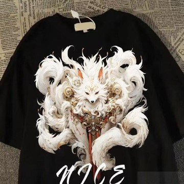 台灣熱賣🎈 中式國潮九尾狐 印花短袖 T恤 情侶款 圓領落肩 oversize 短版上衣 休閒短袖 五分袖