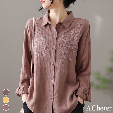 【ACheter】棉麻刺繡翻領長袖寬鬆休閒短版襯衫上衣# 113535(現貨+預購)