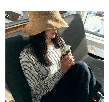 韓國東大門拉菲草帽子女士夏天韓版簡約百搭日系休閑防曬帽遮陽帽