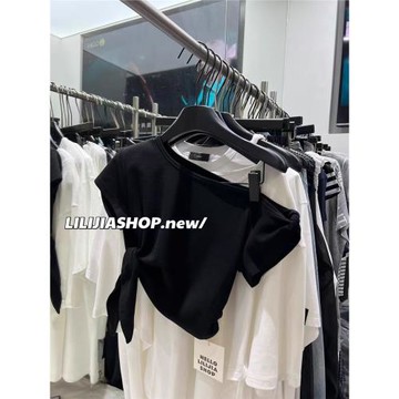 韓國東大門夏季新款時尚短款百搭顯瘦斜肩露肩綁帶短袖T恤女上衣