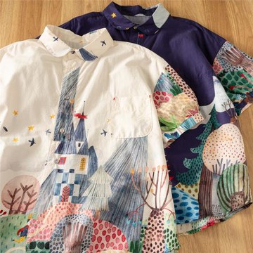 2025夏季新款韓版寬松休閑百搭印花翻領單排扣短袖襯衫女上衣潮