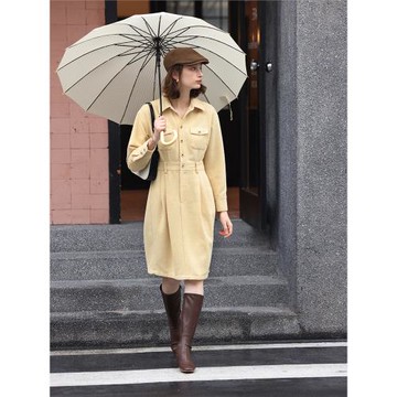 HeyDress香風翻領復古黃色連衣裙