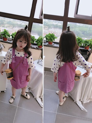 女童夏季新款套裝 兒童可愛圓點T恤+個性洋氣背帶裙兩件套1入