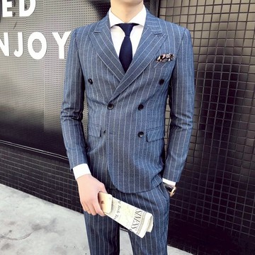 FINDSENSE H1男士 清爽 簡潔 條紋 彈力面料 修身 雙排扣 西裝 馬甲 西褲 三件套 職業 套裝