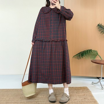 彼得潘領格紋木耳邊拼接長洋裝145252