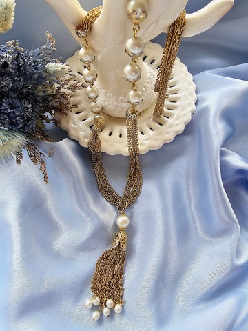 金色多鍊珍珠小瀑布流蘇項鍊/復古珠寶首飾vintage西洋古董飾品