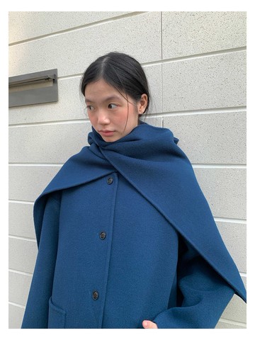 靛藍色雙面尼手工中長款羊毛大衣