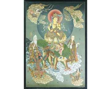 日本文殊菩薩唐卡－原創手繪文殊菩薩及其侍從