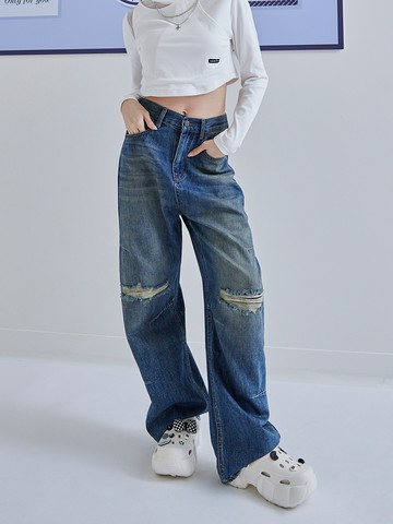 刷色水洗破膝牛仔褲