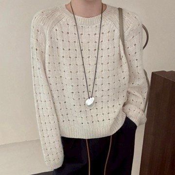 秋季韓款灰色長袖鏤空針織毛衣上衣