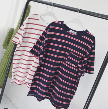 FINDSENSE品牌 時尚潮流 男 寬鬆 休閒 口袋 條紋 短袖T恤 圓領T恤