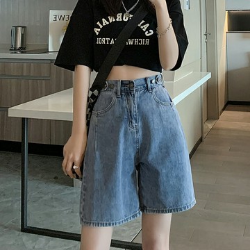 牛仔短褲 甜酷風夏季高腰五分褲 女寬松顯瘦設計感直筒中褲【不二雜貨】