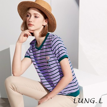 LUNG.L林佳樺 粉紫色搭配綠色條紋短袖棉質女裝上衣LS22A