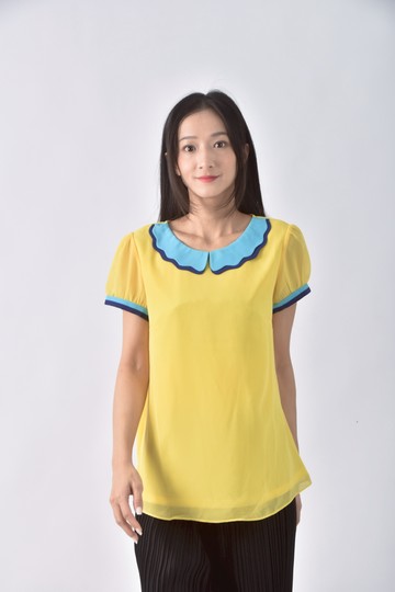 (L) 歐薇荷葉邊黃色短袖上衣