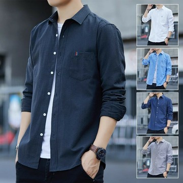 長袖襯衫男潮流春秋季時尚外套純色加絨加厚百搭休閑襯衣男生冬季鑫弘-衣錦男裝