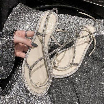 三亞海邊法式絕美涼鞋蛇形纏繞綁帶水鉆大碼女鞋41一43小碼313233