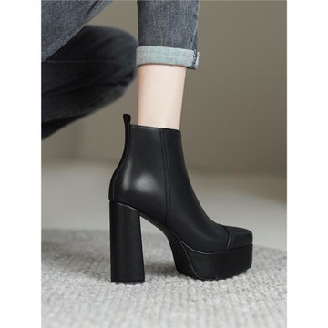 跟高11cm短靴女真皮超高跟防水臺粗跟高跟鞋羊反皮女鞋短筒靴磨砂