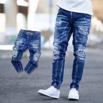 【NB1417J】韓國製3D立體剪裁潑漆刷白無破皮革補丁牛仔褲(LE-HB175)