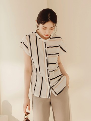 OL小立領不對稱條紋開襟短袖上衣/襯衫