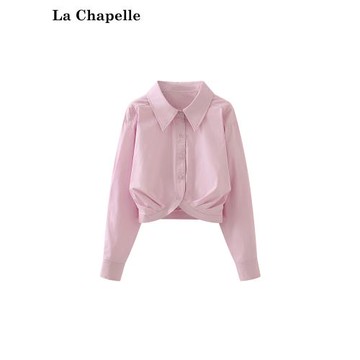 拉夏貝爾翻領褶皺短款襯衫女韓版設計感小眾高腰純色襯衣秋季新款