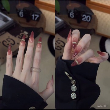 💥新年戰甲❤️【酒漬紅茶】純手工穿戴甲新年戰甲顯白排鑽高級純手作美甲片細狗長尖穿戴甲 08XR