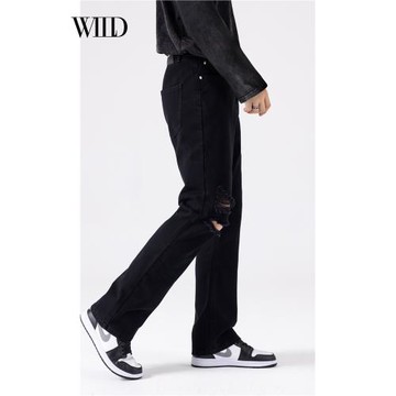 喇叭褲男高街黑色垂感膝蓋破洞牛仔褲美式直筒褲微喇褲水洗休閑褲