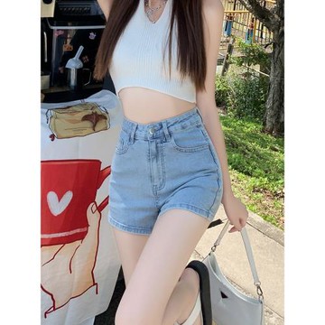 淺藍色高腰牛仔超短褲女夏季薄款2024年新款顯瘦彈力包臀a字熱褲