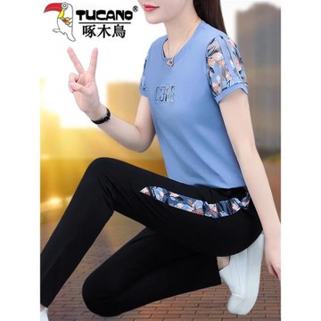 啄木鳥正品純棉運動套裝女士夏季薄款大碼短袖休閑時尚媽媽跑步服